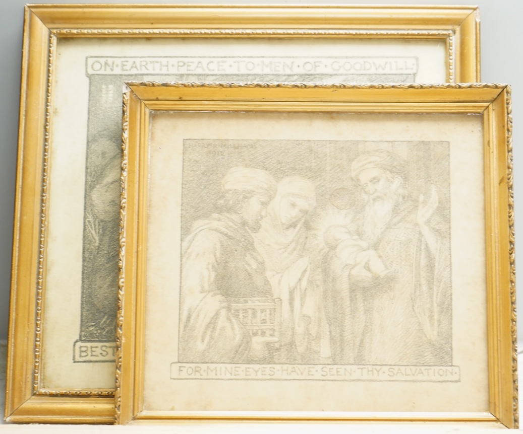 Harry Mileham (1875-1957), ‘For mine eyes have seen thy salvation', two Christmas and New Year monochrome prints, each signed and dated 1911 and 1912 in the plate , largest 18 x 19cm